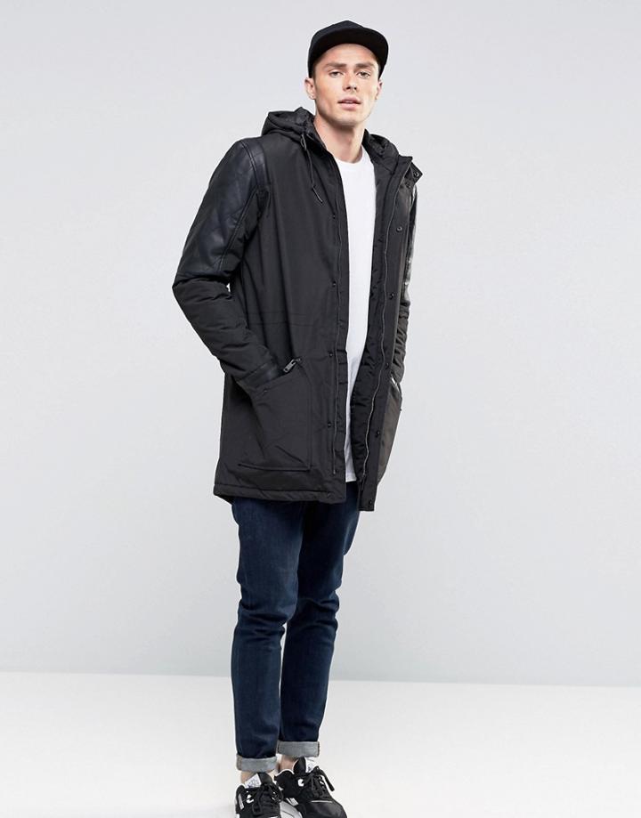 Brave Soul Premium Fish Tail Parka Jacket With Faux Leather Arms - Black