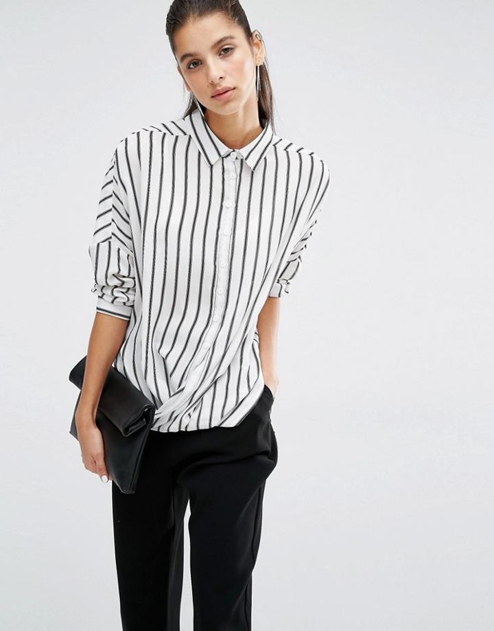 Parallel Lines Relaxed Wrap Front Shirt In Stripe Print - White