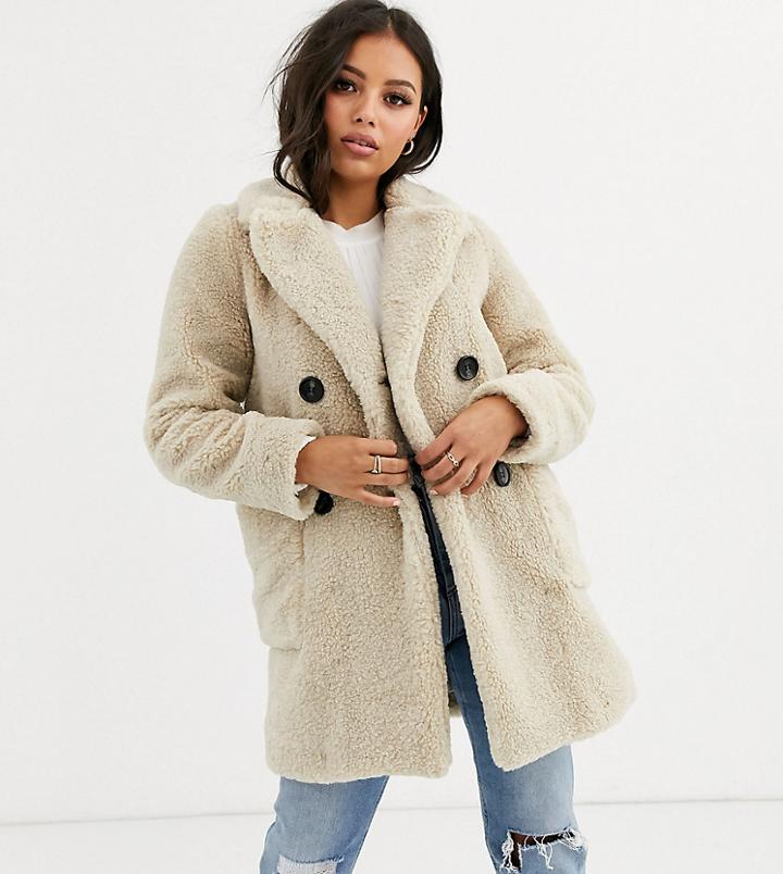 New Look Petite Button Front Borg Coat In Cream