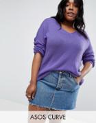 Asos Curve Sweater In Sheer Knit With V Neck - Purple