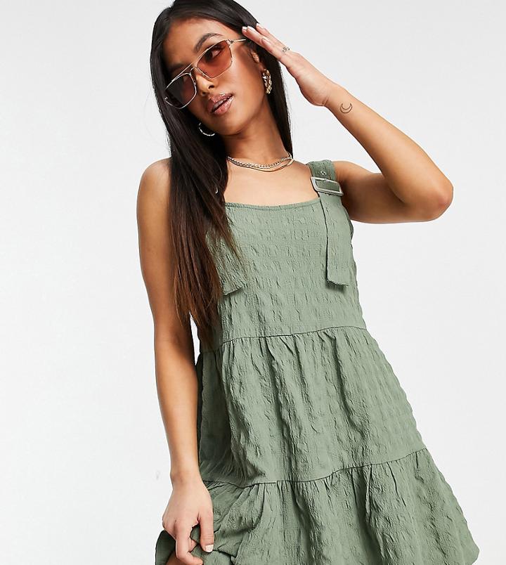 Asos Design Petite Overalls Mini Sundress In Bubble Texture In Khaki-green