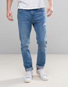 Bershka Slim Fit Jeans In Mid Wash With Distressing - Blue