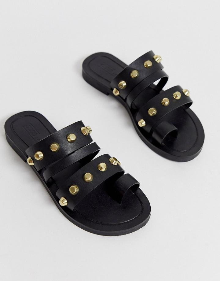 Asos Design Freewheel Premium Leather Studded Toe Loop Sandals In Black