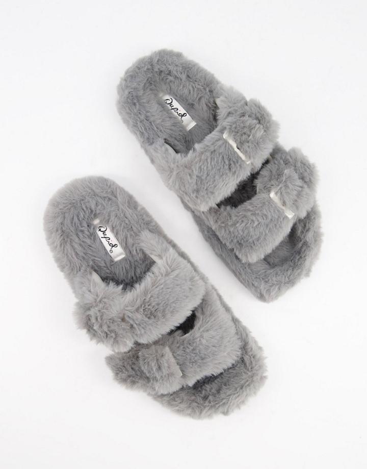 Qupid Double Strap Slippers In Gray Faux Fur-grey