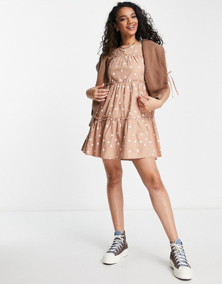 Influence Tiered Cotton Mini Dress In Tan Polka Dot-brown