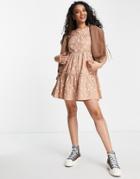 Influence Tiered Cotton Mini Dress In Tan Polka Dot-brown