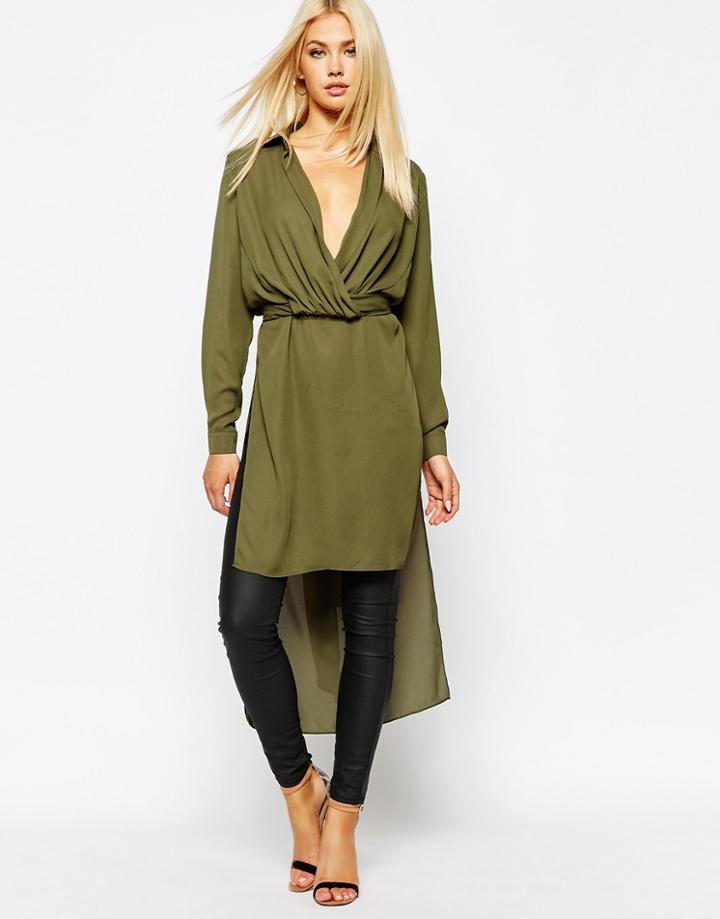 Missguided Step Hem Wrap Top - Khaki