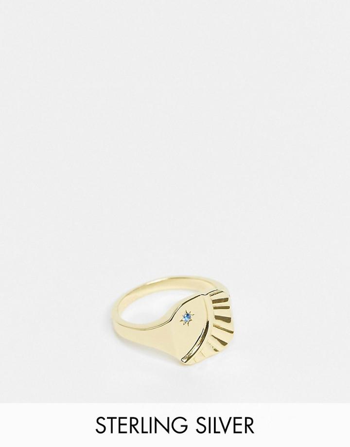 Serge Denimes Sterling Silver Gold Plated Signet Ring With Moon Engraving And Blue Stone