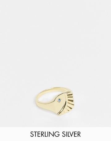 Serge Denimes Sterling Silver Gold Plated Signet Ring With Moon Engraving And Blue Stone