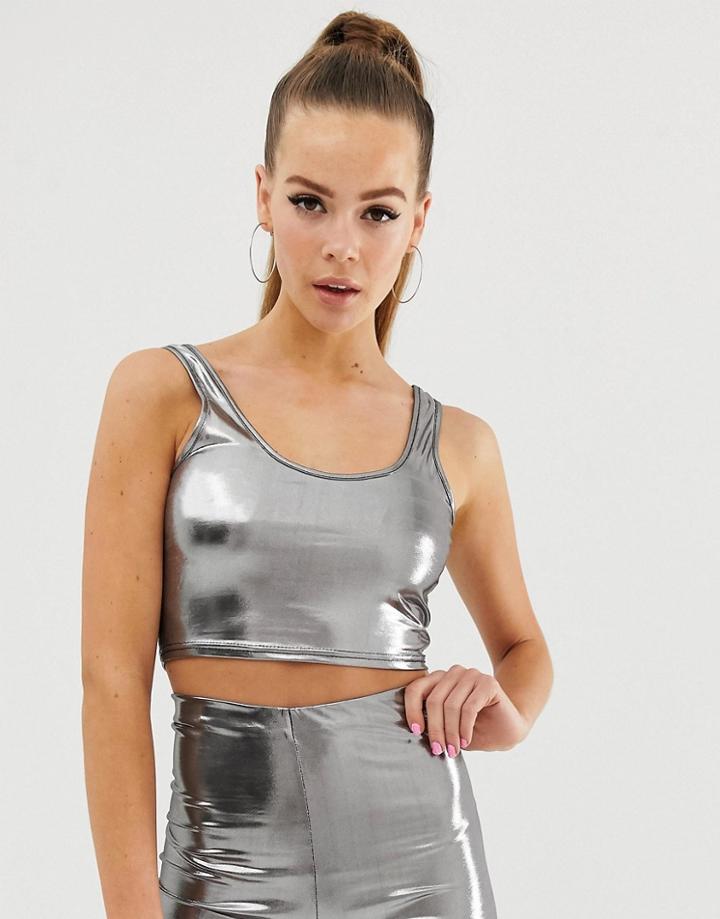 Fashionkilla Longline Crop Top Two-piece In Liquid Silver - Silver
