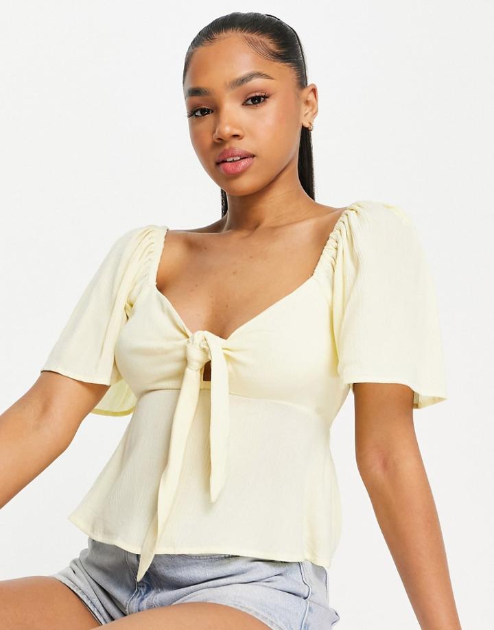 Miss Selfridge Textured Bunny Tie Angel Sleeve Blouse In Lemon-yellow
