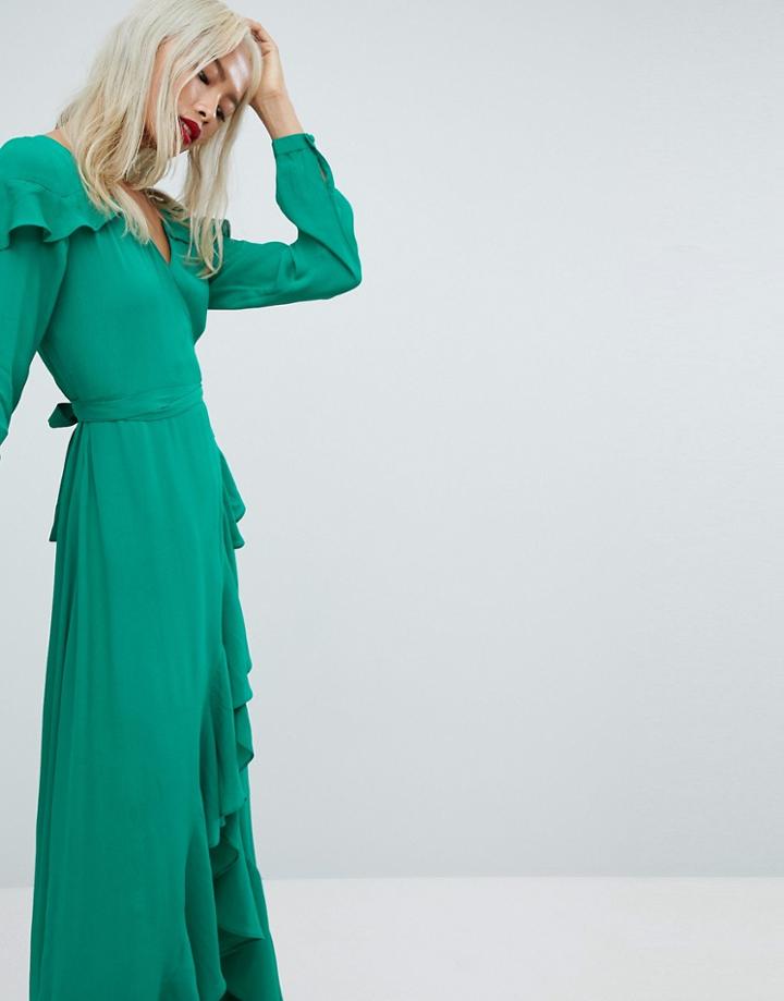Asos Long Sleeve Ruffle Wrap Maxi Tea Dress-green