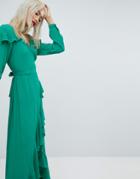 Asos Long Sleeve Ruffle Wrap Maxi Tea Dress-green