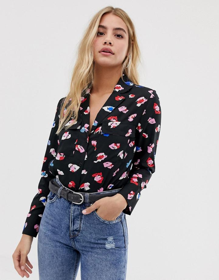 Influence Pyjama Shirt With Pockets In Splodge Print - Black