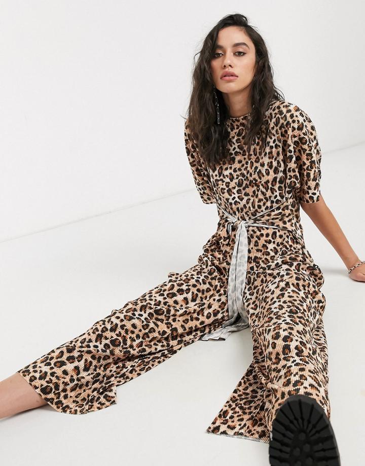 Asos Design Lounge Plisse Tie Front Jumpsuit In Leopard Print-multi
