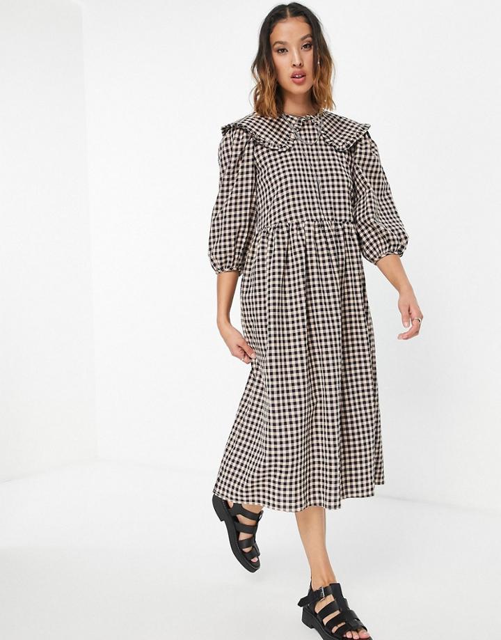 Vila Collared Smock Midi Dress In Check-multi