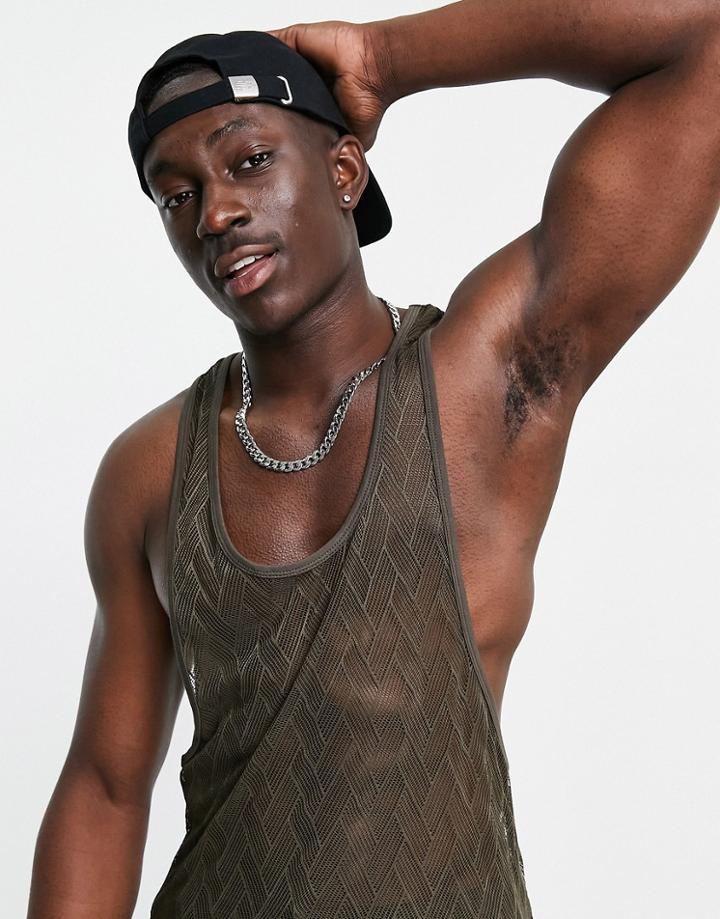 Asos Design Relaxed Tank With Racer Back In Khaki Chevron Lace-green