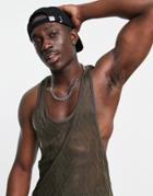 Asos Design Relaxed Tank With Racer Back In Khaki Chevron Lace-green