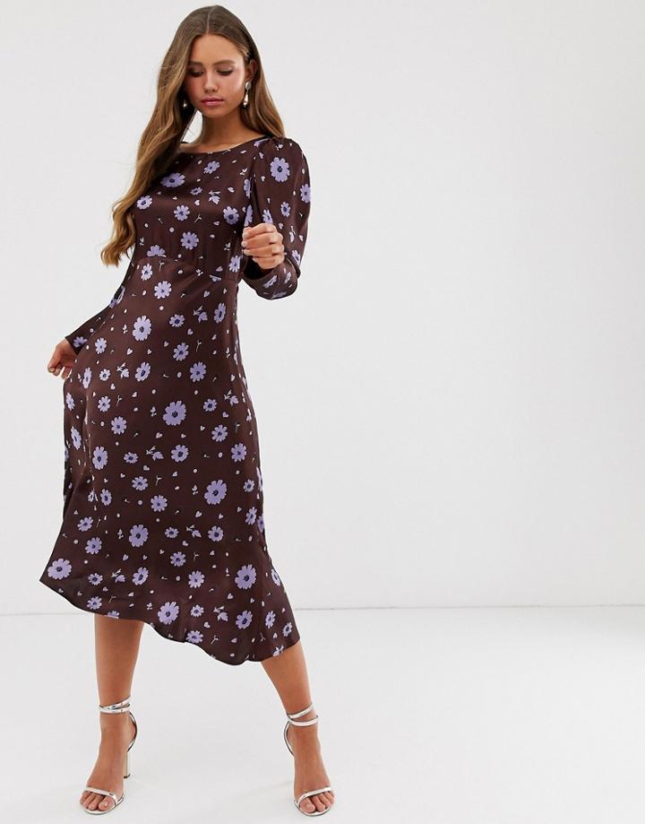 Ghost Rosaleen Floral Print Long Sleeve Satin Midi Dress-multi