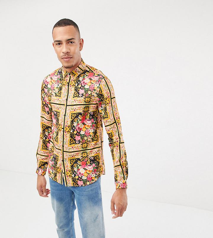 Asos Design Tall Regular Fit Floral Placement Print Shirt In Viscose - Multi