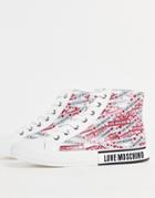 Love Moschino High Top Sneakers In Multi Logo Print In White