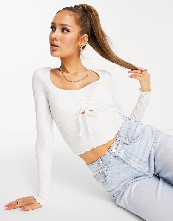 Asos Design Ruched Front Top With Cut Out In White