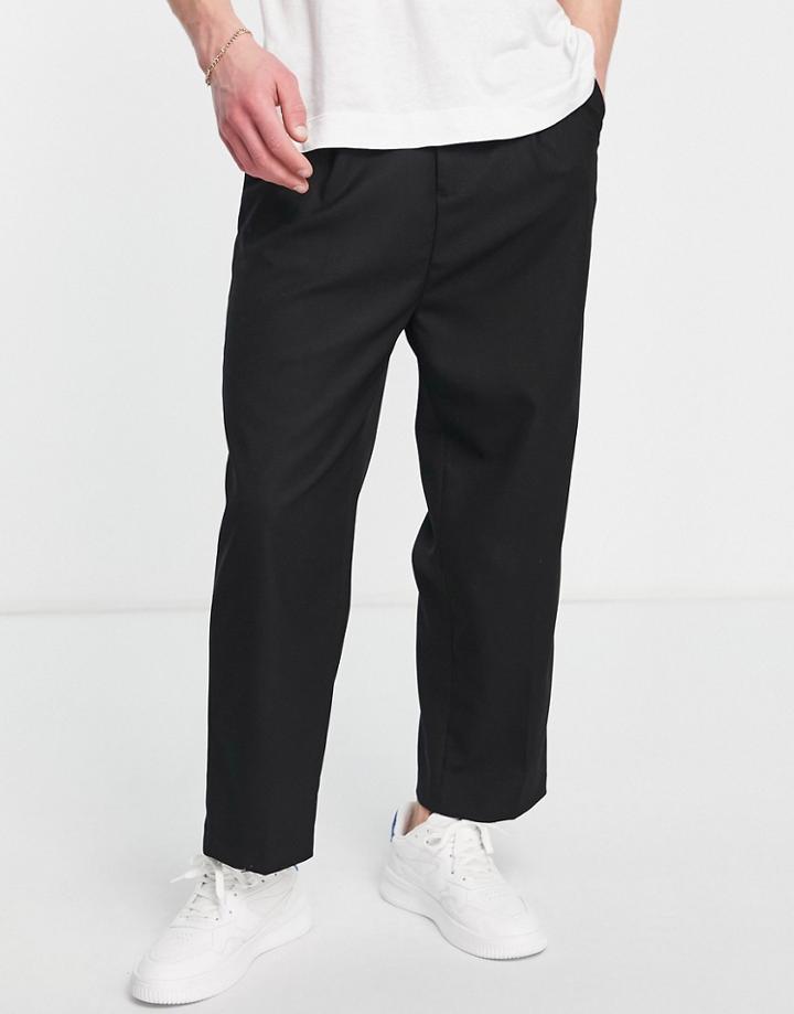 Topman Wide Leg Crop Pants In Textured Twill In Black
