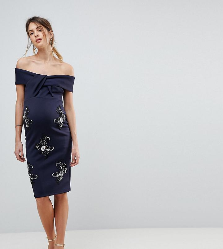 Asos Maternity Twist Front Bardot Dress With Embellishment - Navy