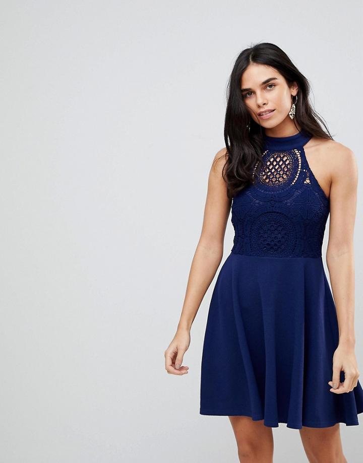 Ax Paris Skater Dress With Crochet Top - Navy