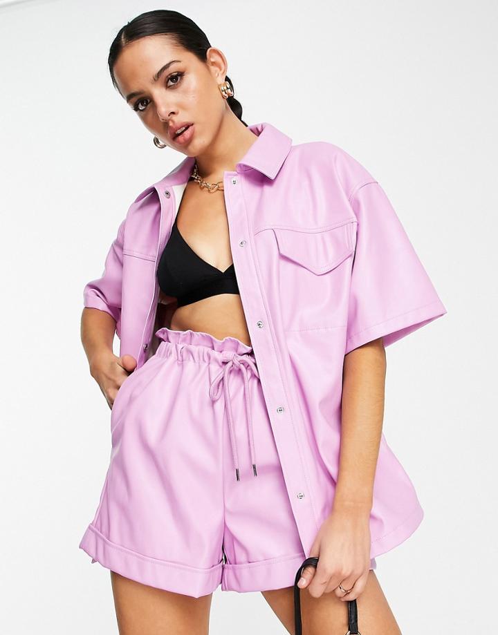 Topshop Faux Leather Short Sleeve Shirt Jacket In Pink - Part Of A Set