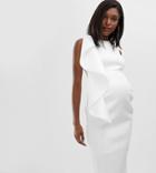 True Violet Maternity Exclusive One Shoulder Scuba Pencil Midi Dress With Frill In White - White