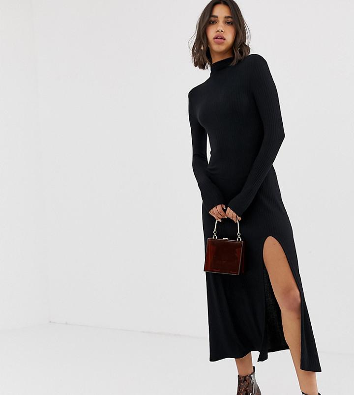 Stradivarius Ribbed Midi Jersey Dress Midi In Black - Black