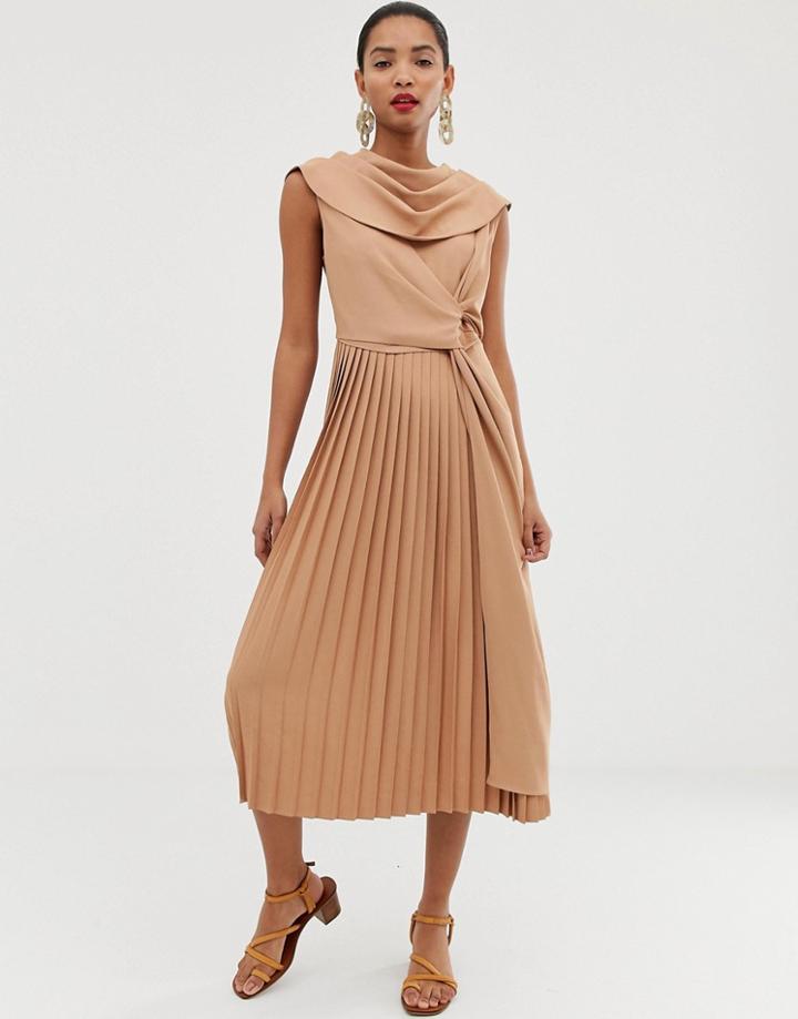 Asos White Pleated Midi Dress - Brown
