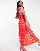 Never Fully Dressed Contrast Frill Midi Dress In Pink And Red-multi