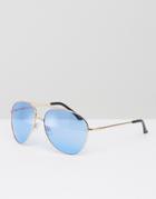 Asos Metal Aviator Sunglasses With Top Bar In Gold With Blue Colored Lens - Gold
