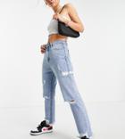 Missguided Petite Wrath Straight Leg Jeans With Rips In Lightwash Blue-blues
