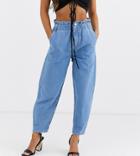 Asos Design Petite Soft Peg Jeans In Light Vintage Wash With Elasticated Cinched Waist Detail-blue