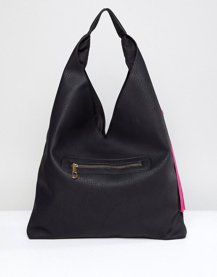 Yoki Fashion Slouchy Shoulder Bag In Black With Tassel - Black