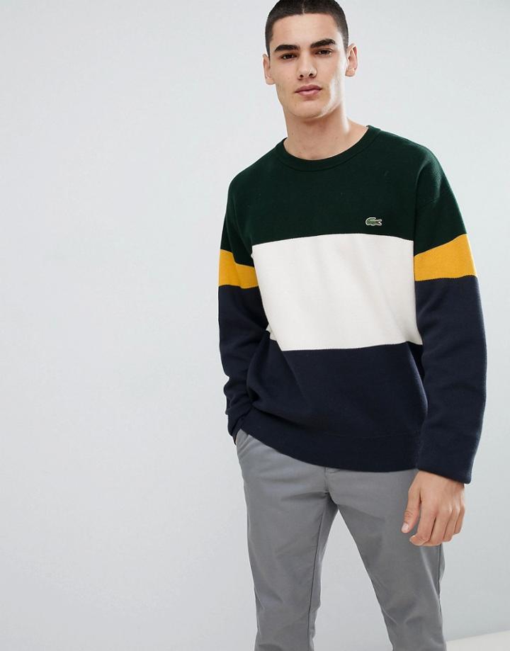 Lacoste Crew Neck Block Stripe Sweater In Navy
