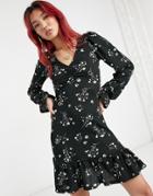 River Island Ruffle Hem Floral Mini Dress In Black