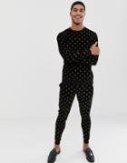 Asos Design Velour Standard Sweatshirt/ Skinny Jogger Tracksuit In Black With Gold Glitter Print - Black