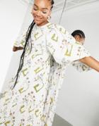 Asos Edition Puff Sleeve Tiered Smock Dress In Printed Eyelet-white