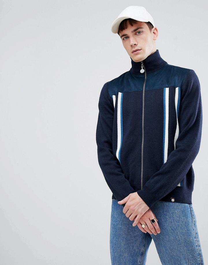 Pretty Green Zip-thru Funnel Neck Cardigan In Navy