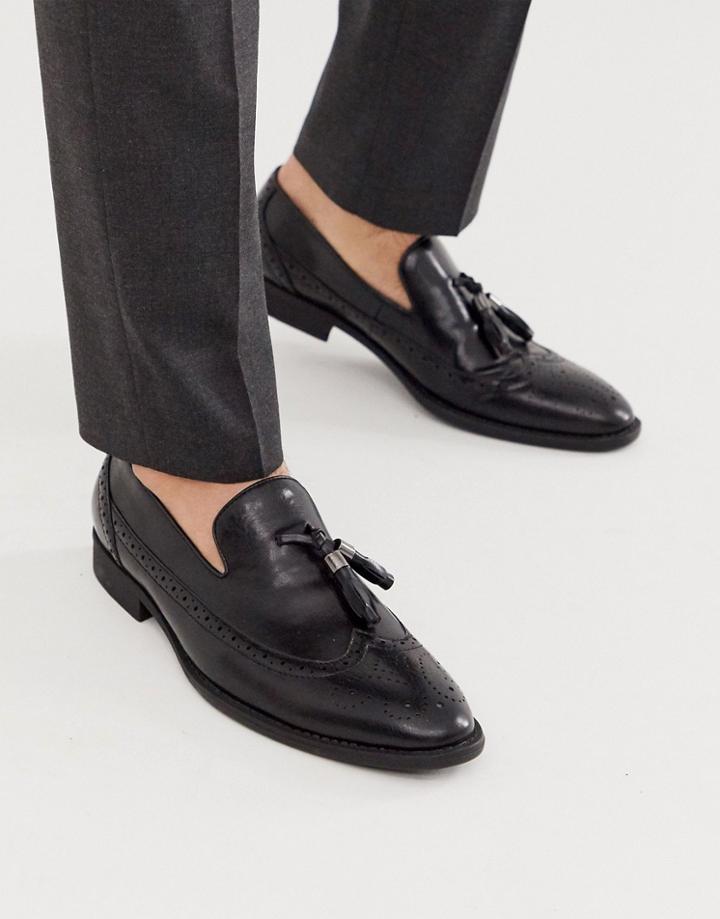 Asos Design Loafers In Black Faux Leather With Broguing Detail