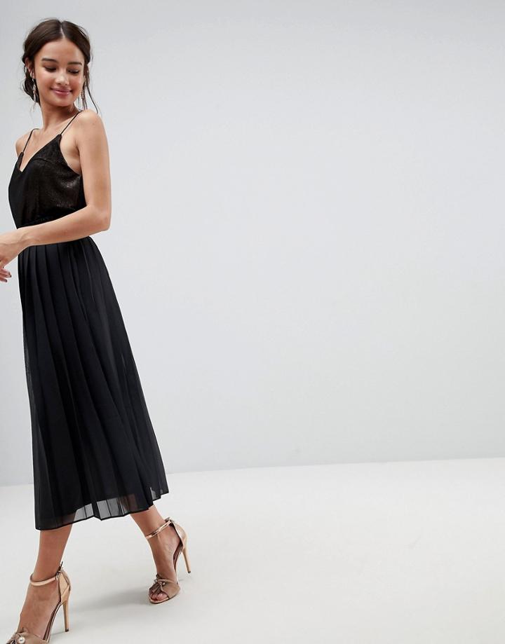 Asos Pleated Midi Skirt With Paperbag Waist In Chiffon - Black