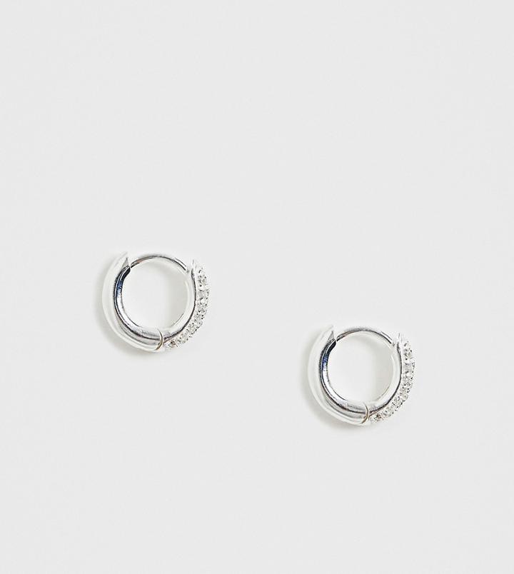 Asos Design Sterling Silver Hoop Earrings With Pave Crystals - Silver