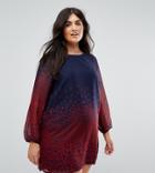 Yumi Plus Long Sleeve Shift Dress In Leaf Border Print - Navy