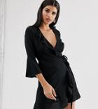Outrageous Fortune Tall Ruffle Wrap Dress With Fluted Sleeve In Black