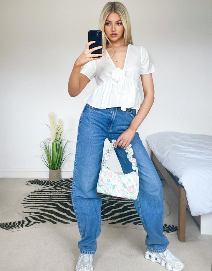 Asos Design Short Sleeve Tie Front Tea Blouse In Ivory-white