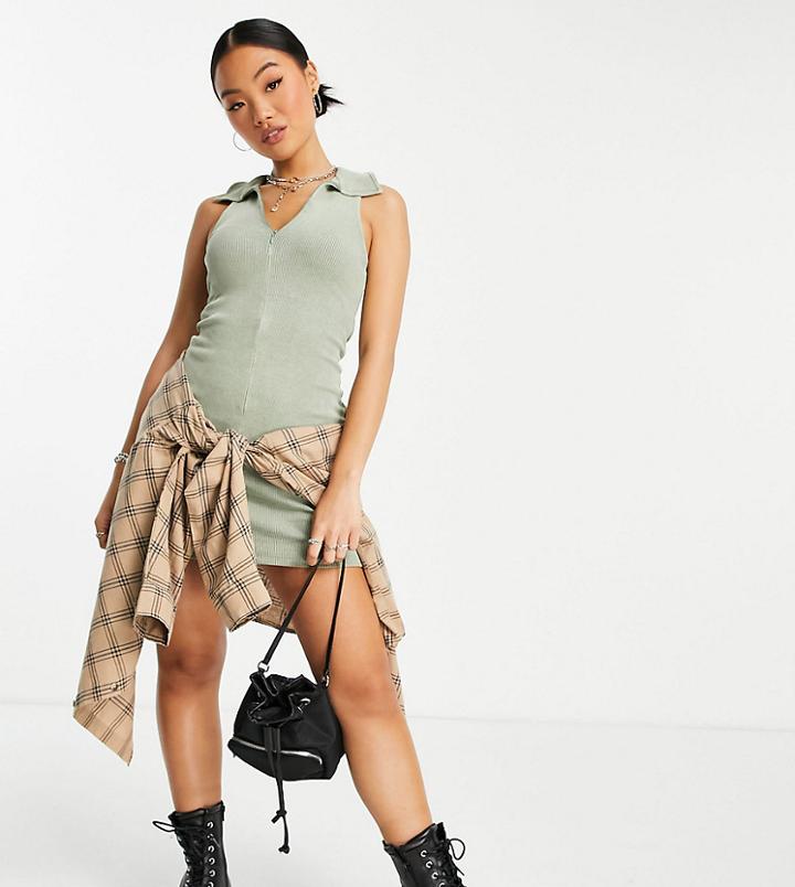 Topshop Petite Acid Wash Zip Jersey Mini Dress-green